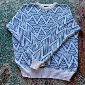 Vintage Blue & White Chevron Knit Sweater – Cozy Retro Pattern Crewneck Pullover